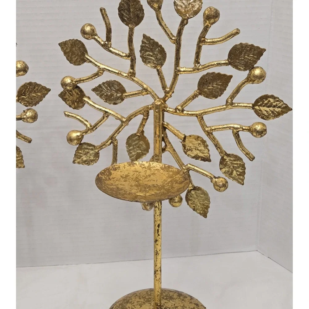 Pair of Intricate Vintage Gold Metal Tree of Life Candle Holders - Read Descrip